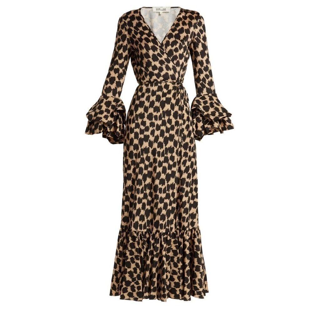 Diane Von Furstenberg DVF Silk Wrap Ruffle Leopard Print Dress Size 2 Henlow